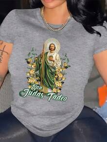 Camiseta de la Santísima Virgen de  Tadeo para Mujer |     Patrón religioso verde y dorado, mangas cortas, cuello redondo, top casual, adecuado para uso diario y festivo, ropa cristiana española, apto para todas las estaciones, lavable a máquina y cómodo. - Blanco - Ver 9