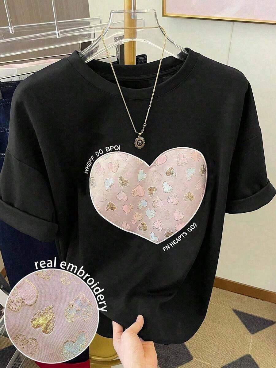 Women's Casual Round Neck T-Shirt, Sparkly Heart Print With Sequin Effect, Versatile And Modern Blouse, Slightly Stretchy Fabric, Ideal For Everyday Wear. - 黑色 - 查看 1