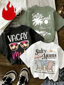1 piezas Nuevas camisetas de verano de moda para mujer con estampado de letras, holgadas y casuales, versátiles para uso diario y atuendos de vacaciones - Blanco - Ver 1