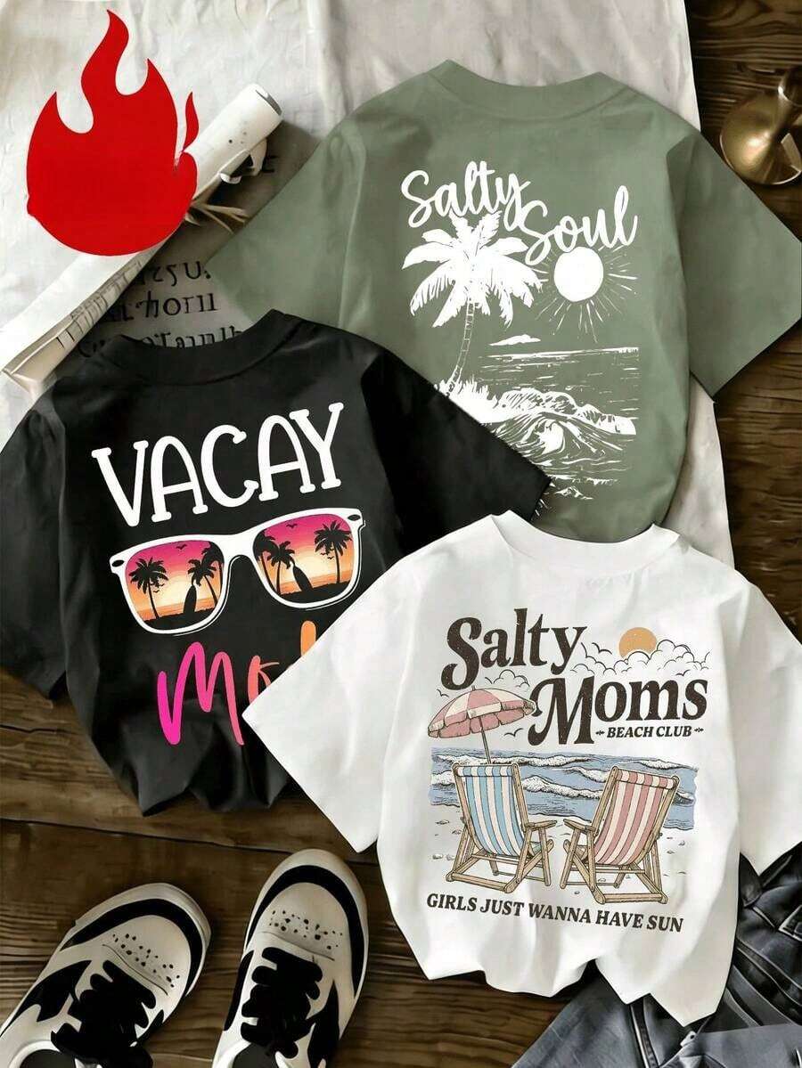 1 piezas Nuevas camisetas de verano de moda para mujer con estampado de letras, holgadas y casuales, versátiles para uso diario y atuendos de vacaciones - Blanco - Ver 1