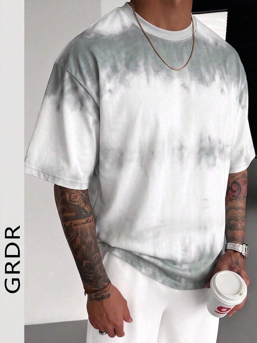 GRDR 男士时尚扎染宽松短袖T恤 | 精致设计 | 夏季必备 | 百搭易配 | 展现你的风格 - 白色 - 查看 1