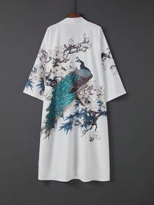 復古寬鬆波希米亞中長版孔雀印花優雅個性時尚和服罩衫，休閒居家繫腰浴袍 白色 - 白色 - 查看 2