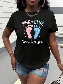 Camiseta estampada para fiesta de revelación de género en rosa o azul, ropa de mujer de manga corta y cuello redondo, con un bonito diseño de huella, moderna y versátil, casual y cómoda, adecuada para uso diario, salidas, fiestas, regalos de cumpleaños, camiseta estampada de algodón puro para mujer. - Negro - Ver 1