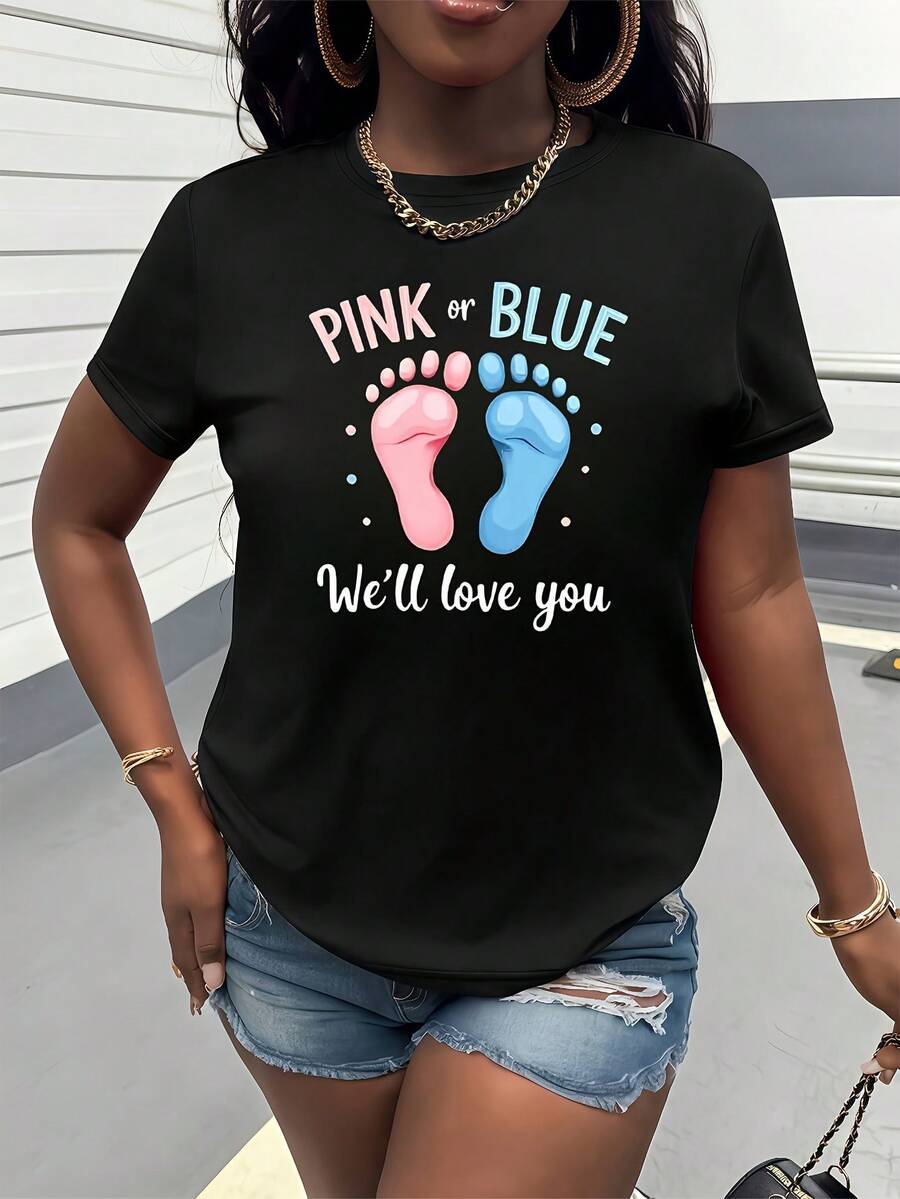 Camiseta estampada para fiesta de revelación de género en rosa o azul, ropa de mujer de manga corta y cuello redondo, con un bonito diseño de huella, moderna y versátil, casual y cómoda, adecuada para uso diario, salidas, fiestas, regalos de cumpleaños, camiseta estampada de algodón puro para mujer. - Negro - Ver 1