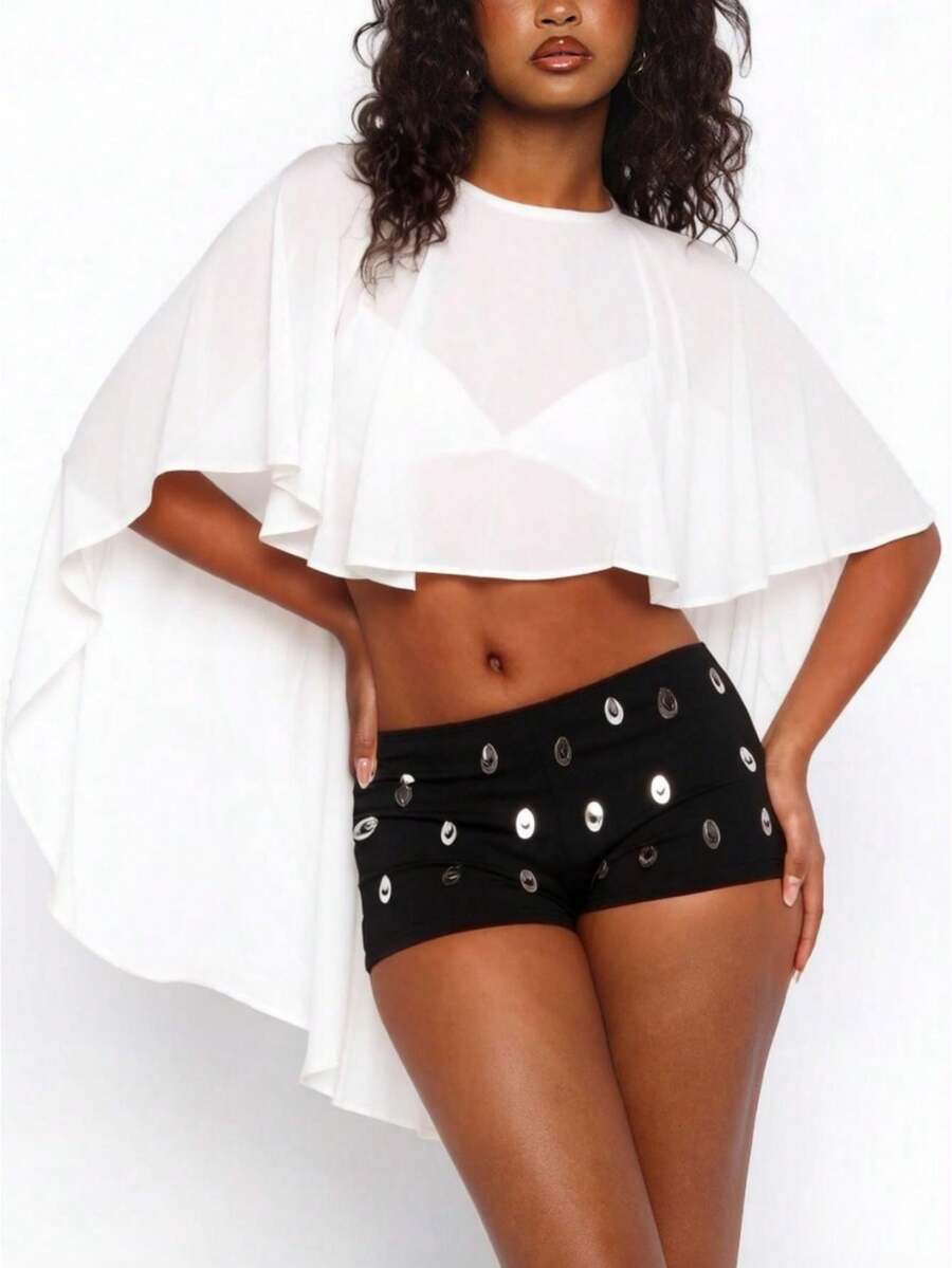 Top corto tipo capa de gasa marrón transparente para mujer, silueta drapeada, chal, ideal para fiestas nocturnas. - Blanco - Ver 1