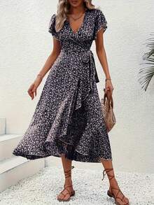 Vacation Casual Ditsy Floral Ruffle Tie-Wrap Dress - Black - View 3