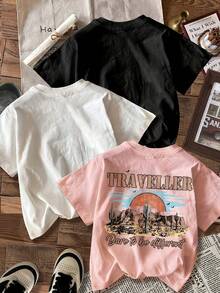 [Artículo Popular] Conjunto de 1 pieza de camisa de manga corta con cuello redondo, estilo casual minimalista, con patrón retro de carreras, para verano - Negro - Ver 2
