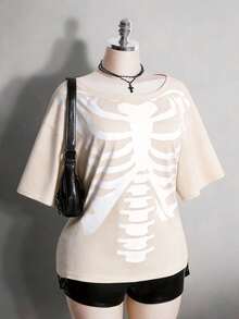 Colección verano 2026. Camiseta holgada mujer talla grande, estampado calavera y rosa gótico punk, estilo retro vanguardista. Tallas 3–7XL, apta otoño-invierno. Envío gratis 24h. - Albaricoque - Ver 11