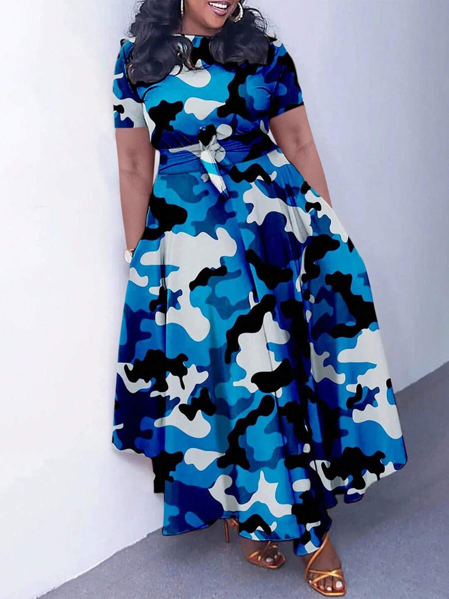 Vestido acampanado de manga corta, talla grande, elegante, con cordones, nuevo estilo 2026 para mujer - azul negro - Ver 1