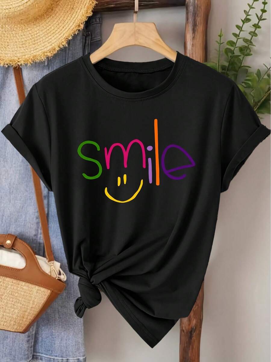 Women's Short-Sleeved T-Shirt, Elegant Style, With Rainbow Smile Print And Round Neck, Suitable For Spring, Summer, Autumn, Ideal For Daily Wear, Vacation, Casual, Elegant And Retro Style, Available In Sizes S-XXL. - 黑色 - 查看 1