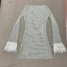 Elegant Fashion Sexy Mini Dress Women Feathers Tassel Full Sleeve See Through Dress Summer Pink Shinny Club Party Dress Outfit - White - View 7