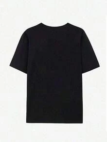 Autorización genuina de , camiseta de algodón 100% para mujer con estampado de dibujos animados interesante, tela ligera y transpirable, cuello redondo regular, camiseta casual de verano para la calle, camiseta de , patrón y texto combinados de forma armoniosa, llena de diversión y recuerdos. - Negro - Ver 2