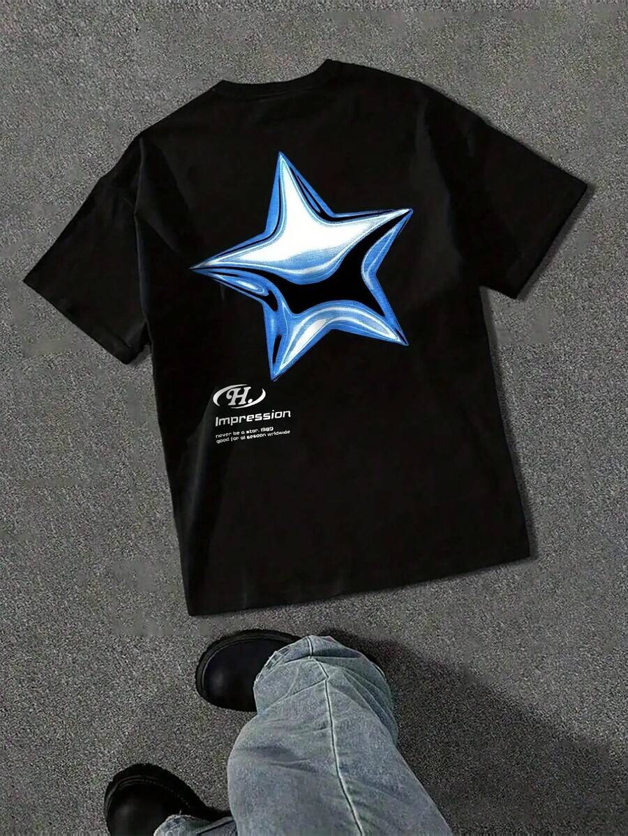 Men's Classic Short-Sleeved T-Shirt, Breathable, With Heat Transfer Blue Star Print, Casual Black Fitness T-Shirt, Suitable For The Gym And Daily Wear, Stylish Sporty Style, Durable Fabric, Summer T-Shirt. - 黑色 - 查看 1