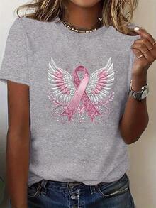 Plus Size - Women's Crew Neck T-Shirt With Pink Ribbon And Wings Print - 灰色 - 查看 6