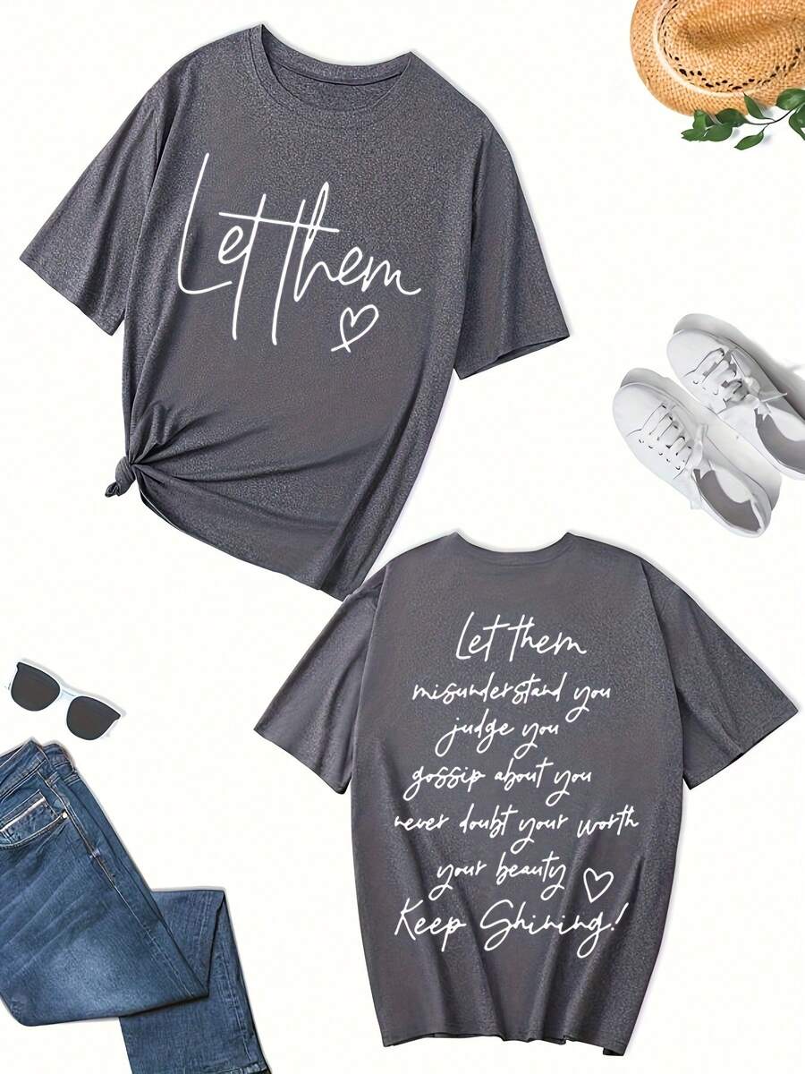 Talla Grande, Camiseta de Manga Corta Oversize con Estampado de Letras Cursivas '' '' '' 'o' 't' 't' - Blusa Casual de Cuello Redondo, Lavable a Máquina - Camisetas Ajustadas para 1 1 JS NT - Gris Oscuro - Ver 1