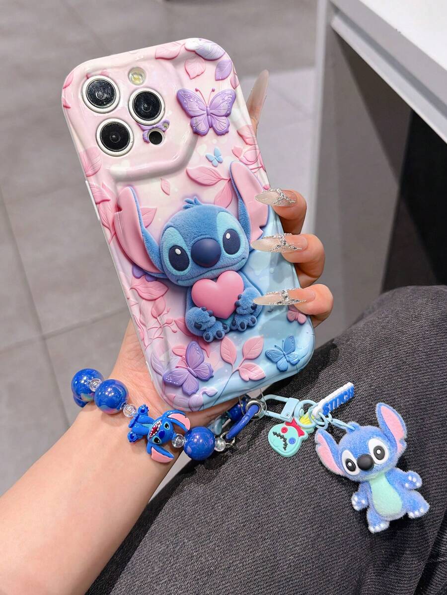 Disney Has Authorized, Phone Case - Chain Set, The Stitch Lilo & Stitch 3D Phone Case Plus A Silicone 3D Stitch Bracelet With Metallic Ring Removable Bracelet, Stitch And Angel Pattern, Compatible With Iphone17/16/15/14/13/12/11/XS/XR/X Plus Pro Max, A Stylish Cartoon Phone Case, The Perfect Gift Choice, Phone Protection, Durable Phone Cover, Great Gift For Friends And Family. - trắng - Xem 1
