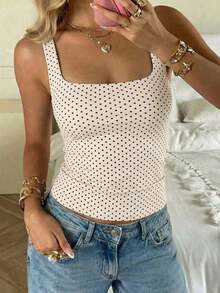 Top de punto con estampado de lunares blancos en estilo , blusa sin mangas adecuada para la playa, el trayecto y el uso casual de verano - Albaricoque - Ver 3