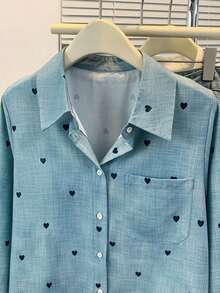 Camisa polo de manga larga con bolsillo y estampado de corazón de unicolor básico casual para mujer, adecuada para uso diario en , verano y otoño - Multicolor - Ver 6