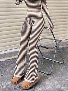 Pantalones acampanados de cintura ancha a rayas casuales para mujer, leggings de cintura alta con pliegues y ajuste delgado para uso diario y en el hogar - Caqui - Ver 3