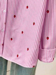 Blusa de mujer con cuello polo, estampado de corazones y rayas - Camisa casual de manga larga con botones, adecuada para uso diario en primavera, verano y otoño - Fresa rosa - Ver 7