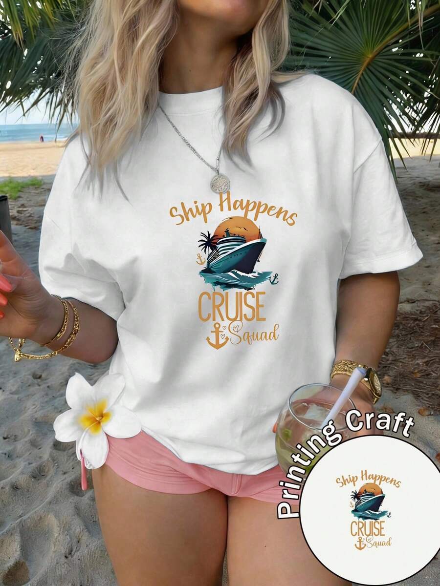 Camiseta de mujer manga corta 100% poliéster, cuello redondo, estampado romántico de letras y postres al estilo francés, estilo casual, lavable a máquina, verano 2026, ideal para viajes y uso diario - Blanco - Ver 1