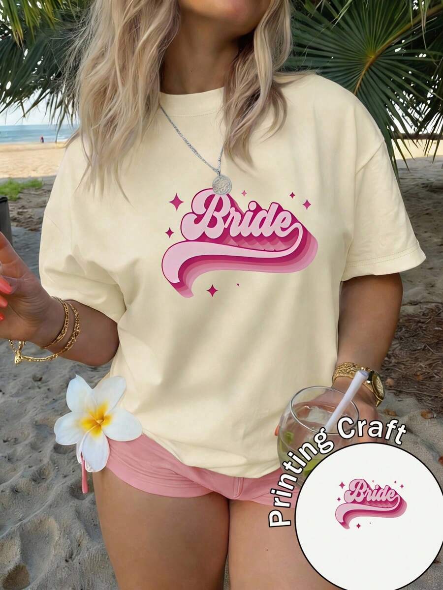 Camiseta de mujer manga corta 100% poliéster, cuello redondo, estampado 'Bride' en degradado rosa con estrellas brillantes, estilo casual, lavable a máquina, verano 2026, ideal para viajes y uso diario - Albaricoque - Ver 1