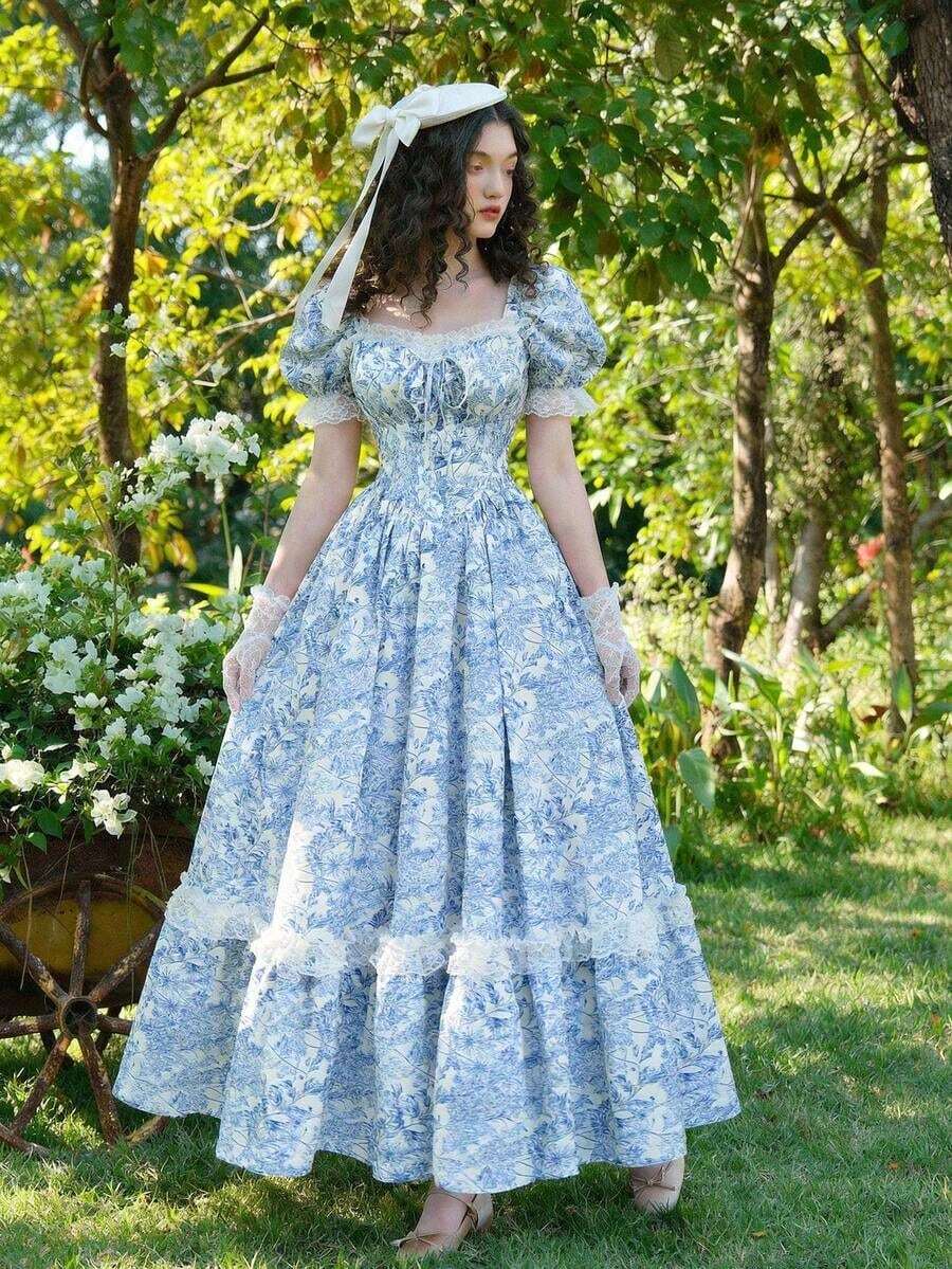 MOD Vestido largo de encaje blanco con volantes estilo victoriano vintage, vestido de fiesta, vestido de graduación, con exquisita mano de obra - Azul y blanco - Ver 1