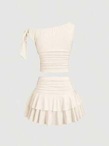 Conjunto de top de tirantes y minifalda plisada y con decoración de flores metálicas para mujer, ideal para el verano - Albaricoque 2 - Ver 4