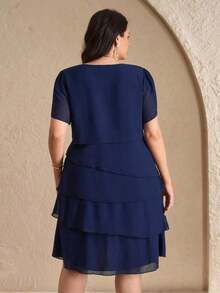 Reflora Vestido de moda con cuello redondo, mangas con volantes y estampado floral para mujer de talla grande - Azul marino - Ver 2