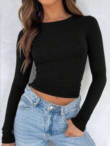 Camiseta De Verano Para Mujer unicolor De Cuello Redondo Y Manga Corta De Ajuste Delgado - Negro 2 - Ver 6