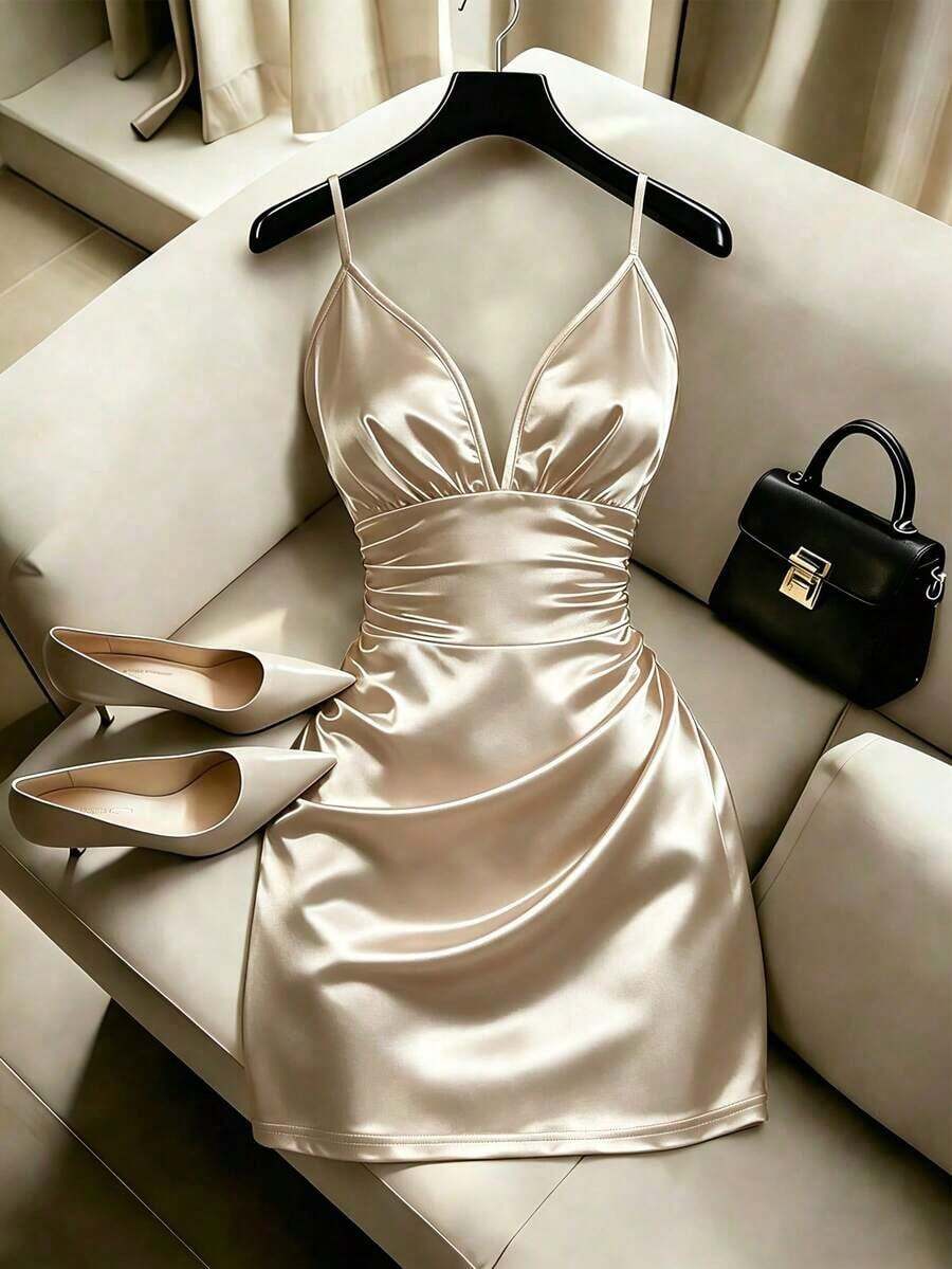 Vestido elegante de mujer de satén liso, de lujo, con tirantes finos, fruncido y escote bajo en la cintura - Champán - Ver 1