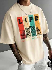 Compatible With The Minimalist Printed Short-Sleeved T-Shirt For Men, Comfortable And Breathable, Suitable For Summer, Fashionable. - 杏色 - 查看 2