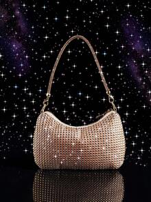 Niche Design Minimalist Evening Bag With Rhinestone Decor, Suitable For Party, Date, Shopping, Versatile Small Handbag - Champagne - View 4