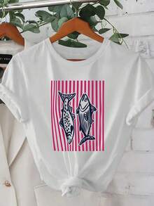 New Summer 2026 Model, Striped Fish Pattern Design, Beautiful, Elegant, Fashionable, Casual Korean Style T-Shirt For Spring And Summer. - White - View 6