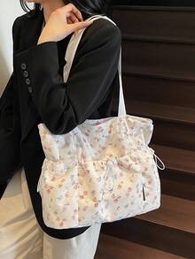 1件装女士全印花小碎花手提包,多口袋设计,配有时尚抽绳前袋和侧袋,适合日常购物、通勤和休闲外出。 - 彩色 - 查看 3
