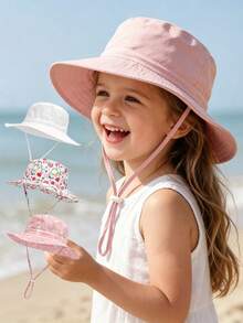 1pc Kids' Sun Protection Hat With Wind Cord, Minimalist Solid Color Or Cartoon Print Design, Lightweight Breathable Bucket Hat, Suitable For Beach And Daily Outings - 1PC - Girl - View 3