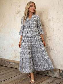 Vestido de vacaciones con mangas acampanadas y volantes en el bajo, unicolor para mujer, atuendos de vacaciones para mujer - Blanco y Negro - Ver 4