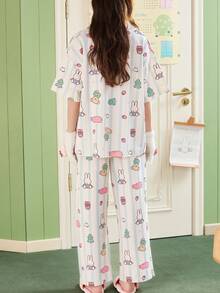 Gongdie Bộ đồ ngủ nữ Miffy 2 món, bộ đồ ngủ mùa hè tay ngắn và quần dài, bộ đồ ngủ mềm mại in hình hoạt hình và sọc xanh dương. - Nhiều màu - Xem 2