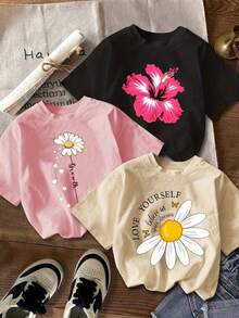 Women's Fashion Casual 1 Piece Set, Floral Print Short Sleeve T-Shirt. - Hitam - View 8