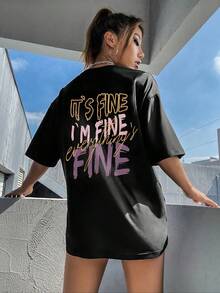 Women's Casual Short-Sleeved T-Shirt With Eye-Catching "IT'S FINE I'M FINE" Print, Black Crew Neck, Geometric Print, Machine Washable, Loose Fit, Y2k Style. - 黑色 - 查看 1