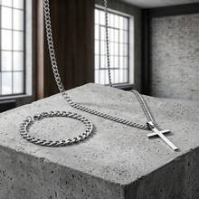 Silver Cross Cuban Chain Jewelry Set - Men's Stainless Steel Necklace And Bracelet - Multicolor - View 6
