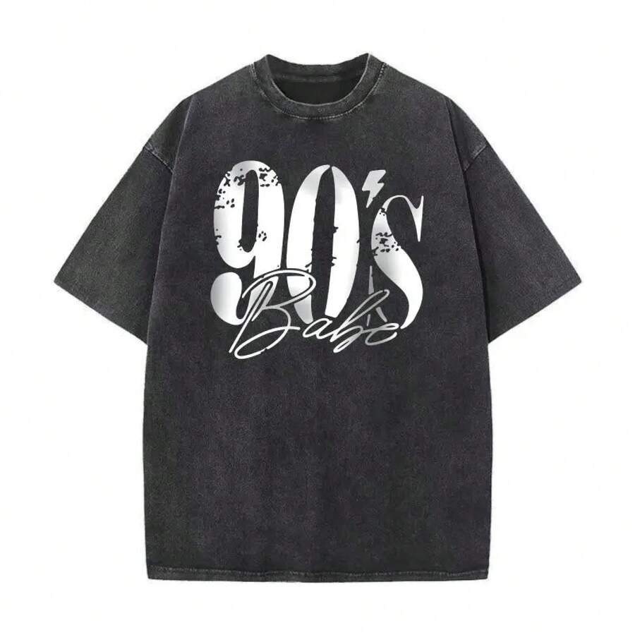 Camiseta de Mujer de Algodón Suave Lavado Estilo Vintage - Diseño Gráfico Desgastado de los 90, Manga Corta, Estilo Urbano, Detalles Metálicos, Corte Holgado - Camiseta de algodón lavado - Negra - Ver 1