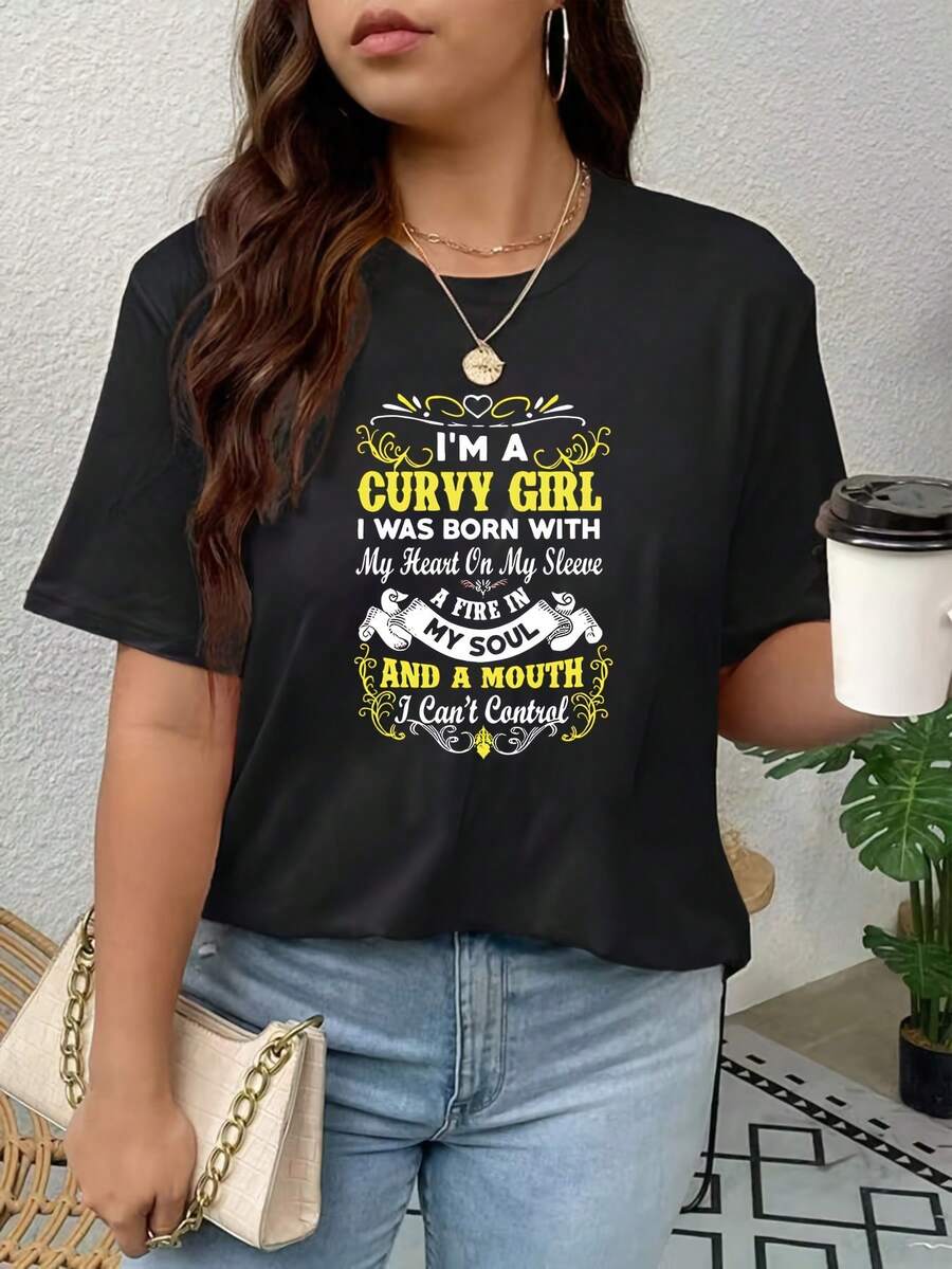 Camiseta de algodón de manga corta para mujer, camiseta de mujer con estampado de letras en inglés - Negro - Ver 1