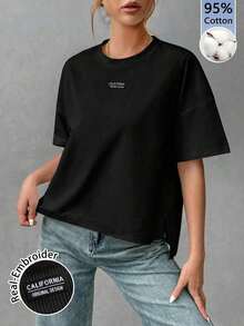 Women's Comfortable Basic Cotton T-Shirt With Embroidered Letter Pattern, Stylish Design With Short Front And Long Back, Suitable For Outings, Combinations, Travel And Vacations, Unisex Urban Vintage Style Summer T-Shirt With Short Sleeve And Round Neck In Loose Cotton. - 黑色 - 查看 11