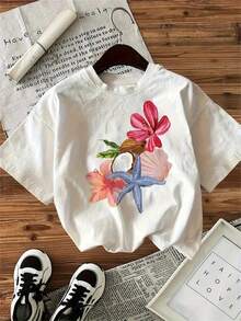 Camiseta blanca casual de manga corta para mujeres con estampado de estrella de mar y flor pastel - Atuendo de playa ligero para todos los días - Regalo de cumpleaños para mujeres y adolescentes - Camiseta de verano liviana, lavable en máquina, con cuello - Blanco - Ver 4