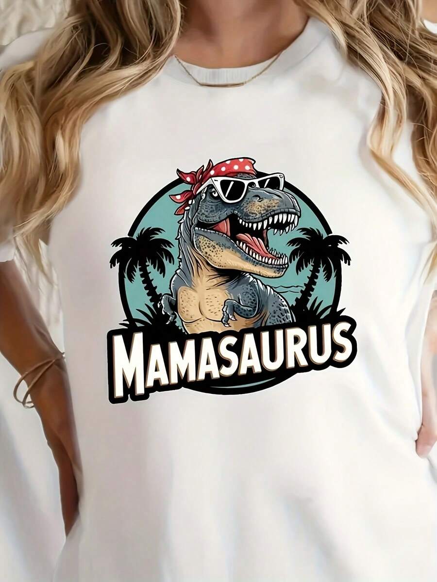 Camiseta Gráfica de Dinosaurio Mamasaurus para Mujer - Blanca, Manga Corta, Cuello Redondo, Estilo Casual con Diseño de Gafas de Moda y Pañuelo de Lunares, Lavable a Máquina, Camiseta de Verano y Primavera, Ropa de Dinosaurio, Atuendo Casual, Diseño Divertido, Corte Relajado, Estilo Y2k - Negro - Ver 1