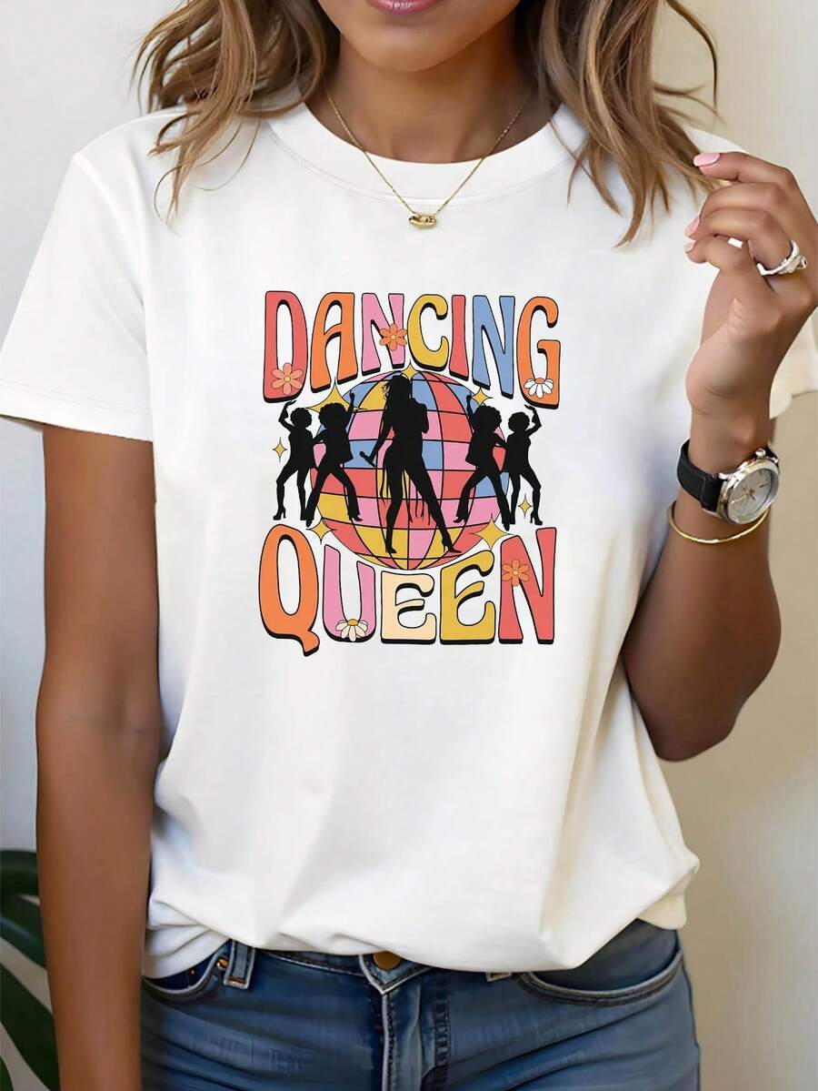 Camiseta de manga corta con cuello redondo para mujer, estilo retro de vacaciones, nueva colección 2026, para compras informales, regalos de vacaciones, reuniones con amigos, fiestas deúsica y atuendos de vacaciones. - Blanco - Ver 1