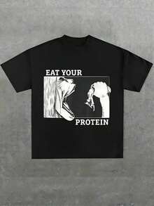 1 camiseta gráfica "Eat Your Protein", cómoda y casual de manga corta, 220 gramos de algodón de peso pesado, camiseta estampada de 180g 100% algodón, los diseños están completamente impresos. Unisexo. - Blanco - Ver 6
