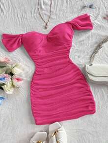 Vestido mini ajustado de punto rojo con hombros descubiertos para mujer, diseño con espalda calada, adecuado para vacaciones, citas, té de la tarde, temporada de bodas, playa, crucero, vacaciones en la ciudad, vacaciones bohemias, festivales de - Rosa Fucsia - Ver 7