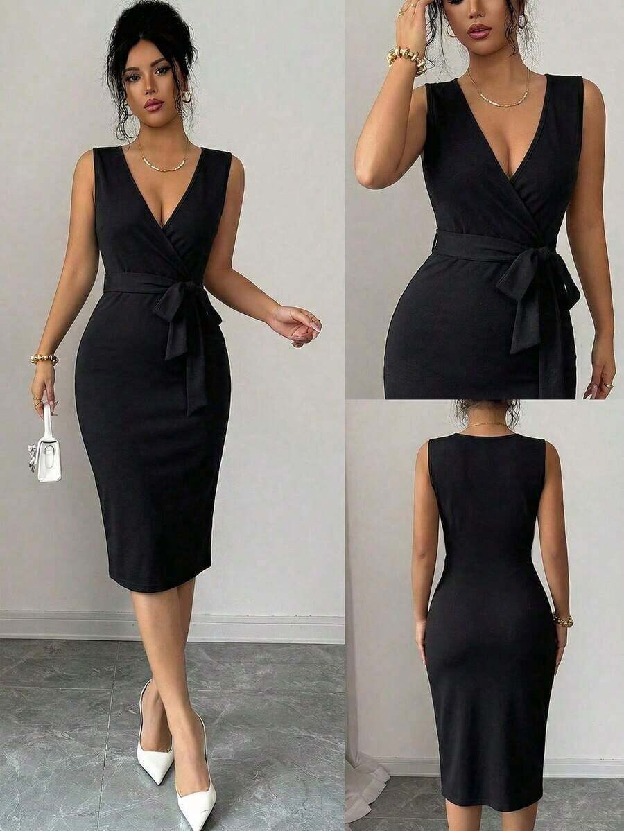 Vestido midi elegante sin mangas con estampado de encaje 3D, cuello superpuesto, cinturón en la cintura, uso diario casual, vestido de encaje elegante en color albaricoque - Negro - Ver 1